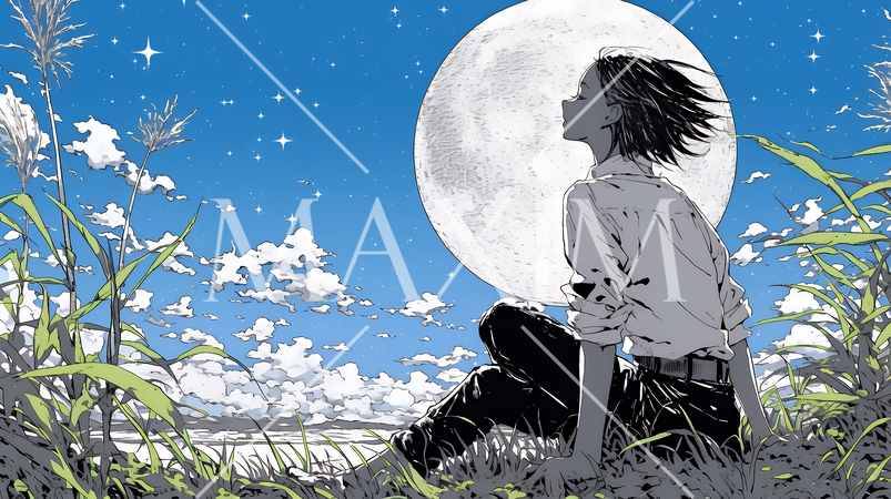 月見をしている若い女性