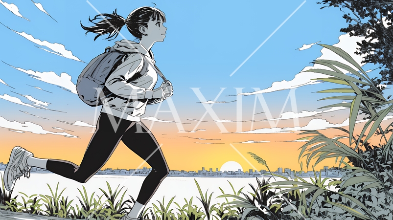 夕方の夕日を背景にジョギングをする若い女性