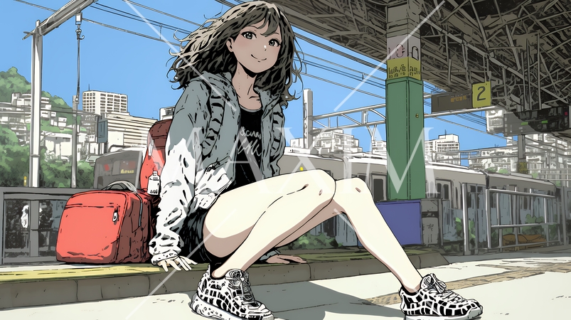 駅のホームで、なかなか来ない電車を待ちくたびれている若い女性