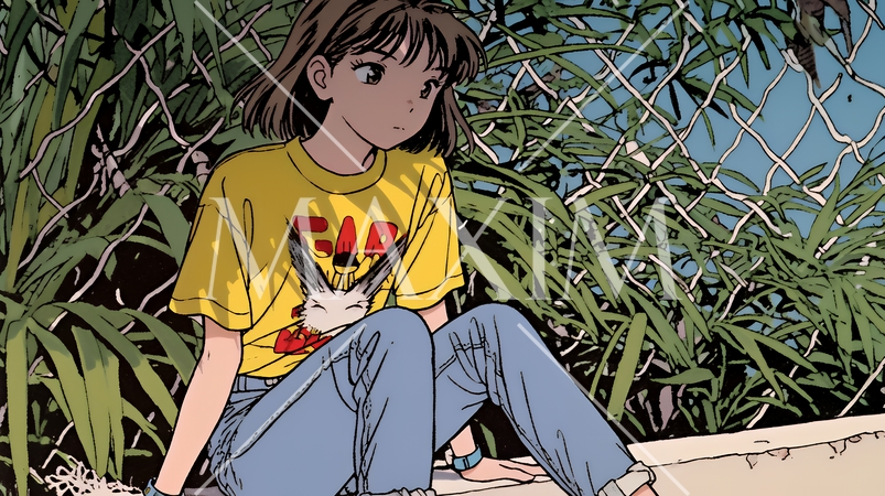 木陰の縁石に腰掛けている若い女性