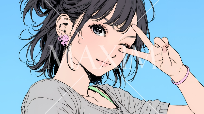 アイドルのように顔の横でピース＋ウィンクしている若い女性