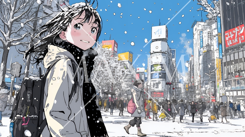 雪の積もる冬の都会を散策している若生女性