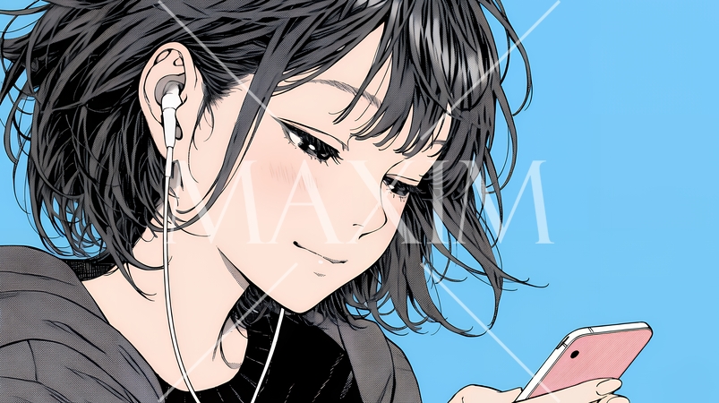 楽しそうにスマホ画面を眺めている若い女性