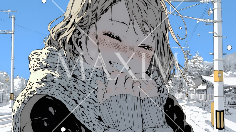 かじかんだ手に息を吹きかけて温めている若い女性