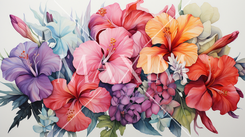 南国の花々が咲き乱れる庭：水彩画