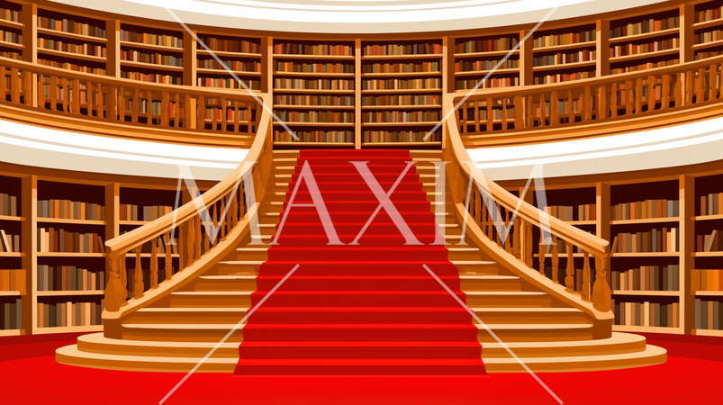 ゴージャスな図書館：赤いか絨毯と豪華な階段