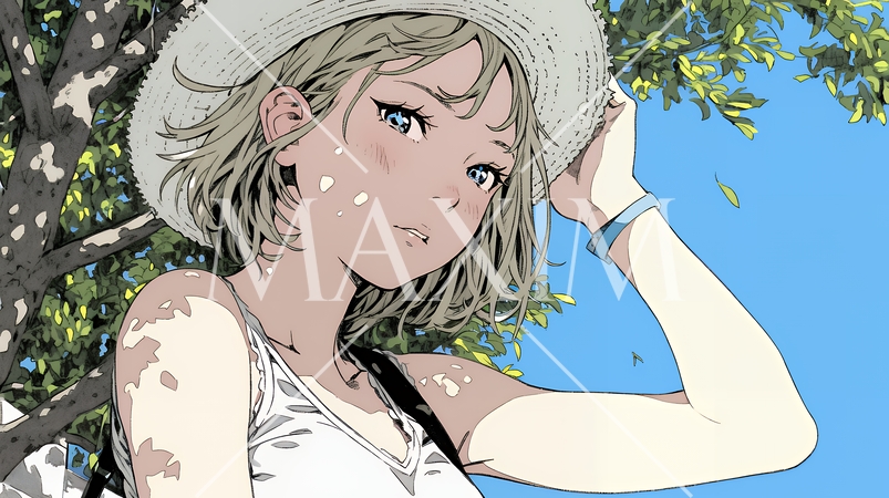 春風に飛ばされそうな帽子を、手で押さえる若い女性