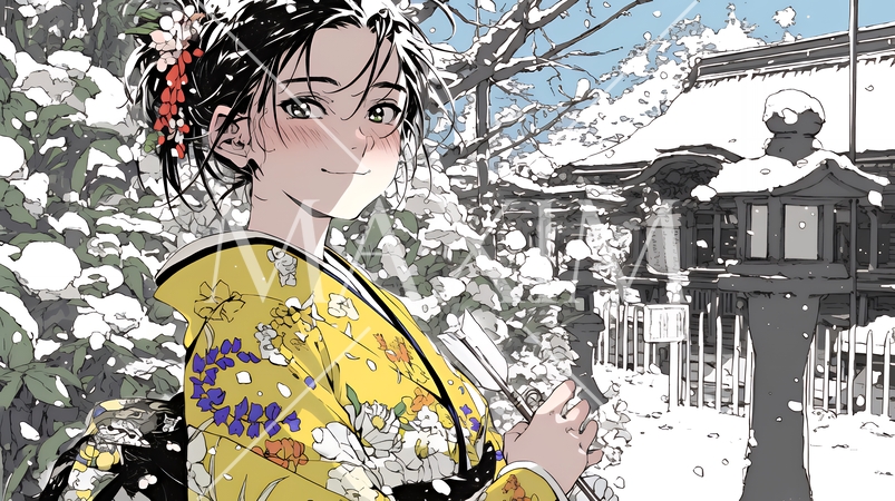 和服を着て初詣をしている若い女性