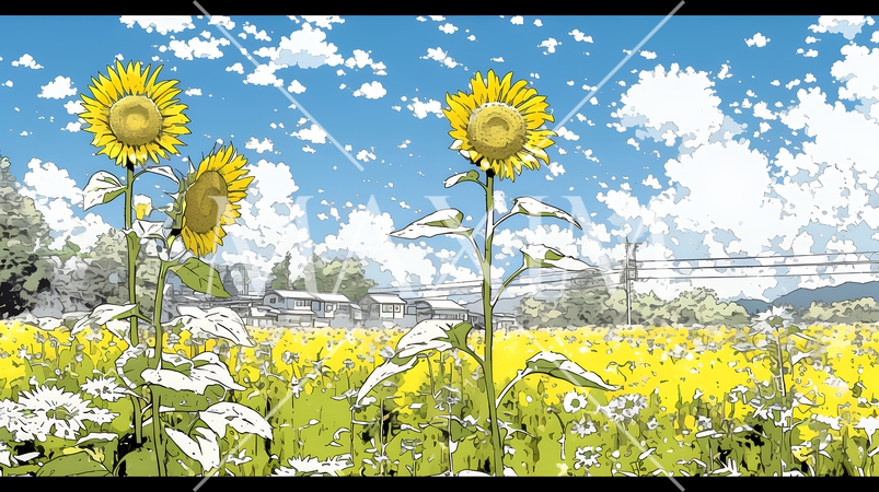 満開のひまわりと真夏の青空