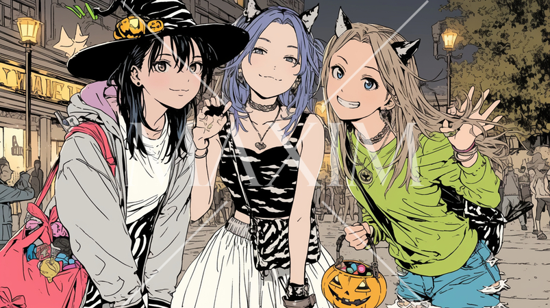 仲間とハロウィンイベントに参加する若い女性たち