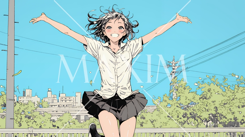 嬉しさのあまり飛び跳ねる制服姿の女子高生