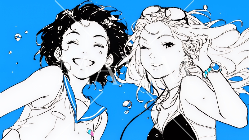 夏休みの思い出：友達と海水浴に行く（シンプルな色使い）