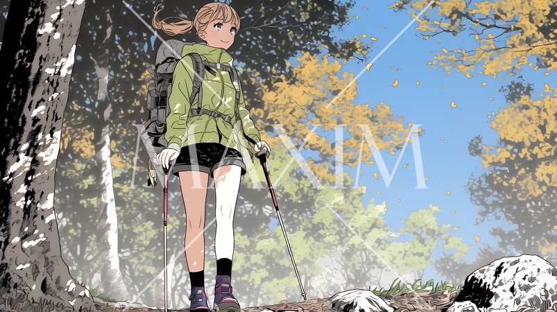 秋の野山をハイキングしている若い女性