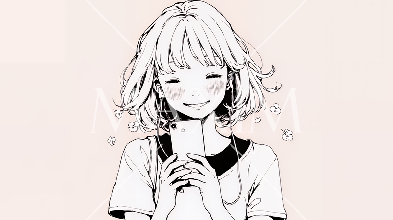 楽しそうにスマホ画面を眺めている若い女性（シンプルな色使い）