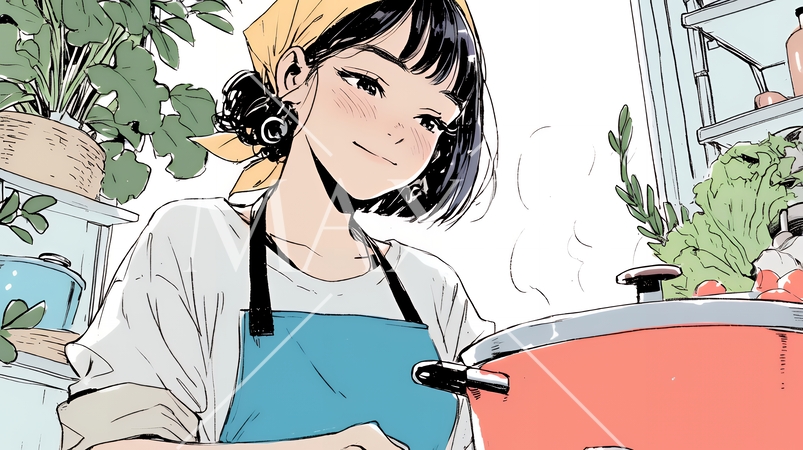 なれない料理に奮闘中の若い女性