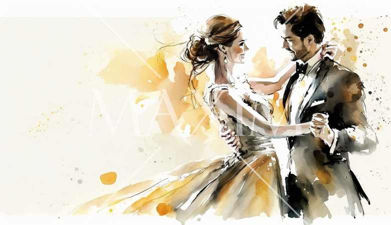 ウェディングダンス： 新郎新婦がボールルームダンスを踊る場面。華やかでロマンチックな雰囲気。