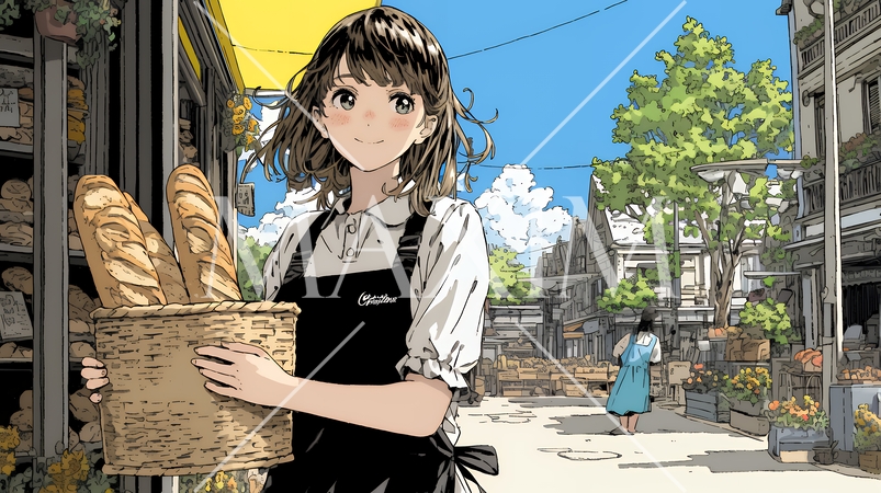 近所のパン屋で焼きたてパンを買う若い女性