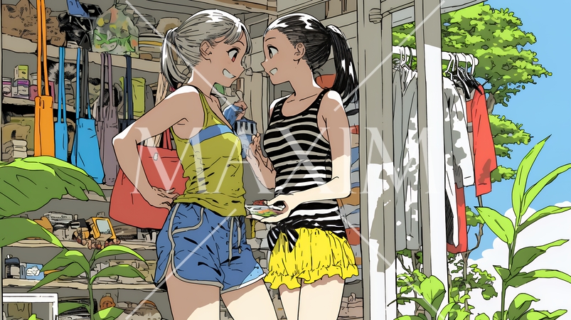 ビーチリゾートのショップで女友達と買物をしている若い女性