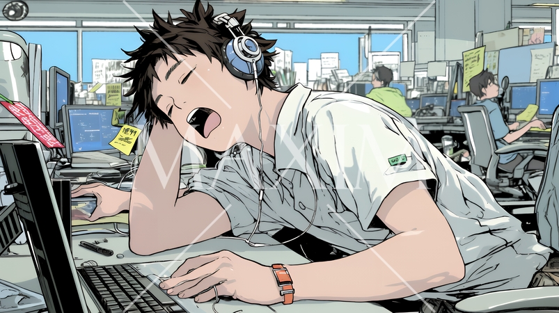 仕事中にあくびをしている若い男性