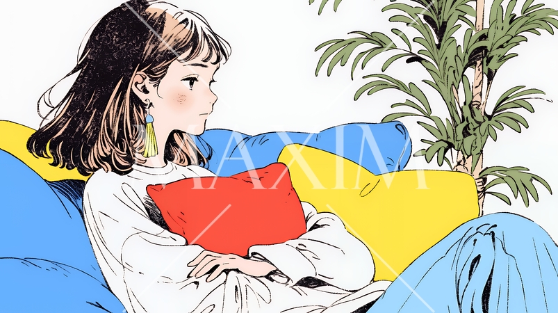 ソファでクッションを抱えてくつろぐ若い女性