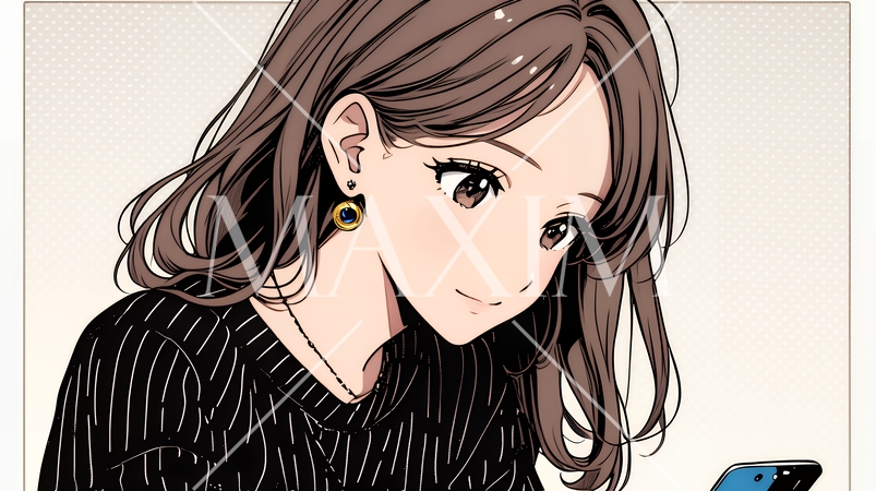 楽しそうにスマホ画面を眺めている若い女性