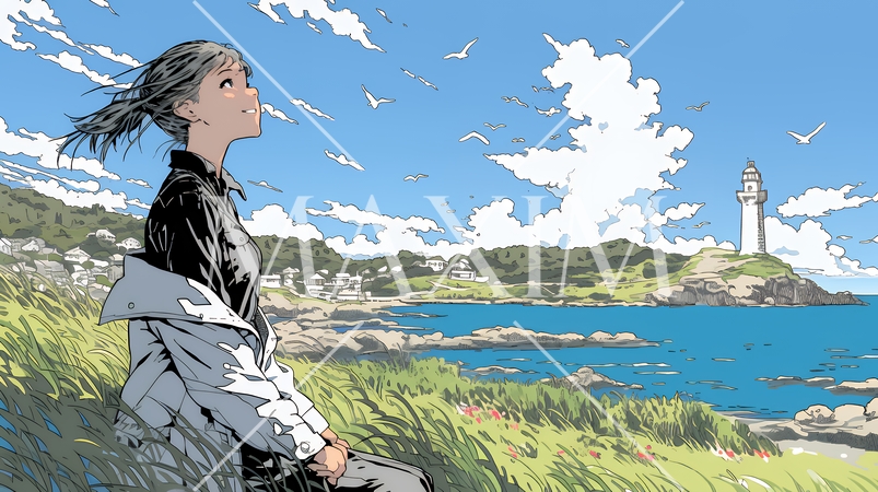 潮風の心地よさを満喫している若い女性