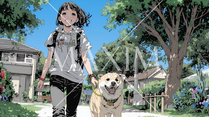 愛犬と散歩している若い女性