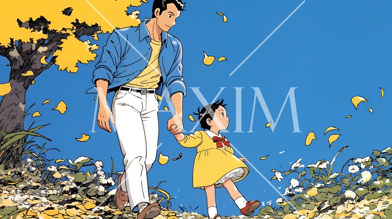 紅葉の小径を仲良く歩く少女と父親