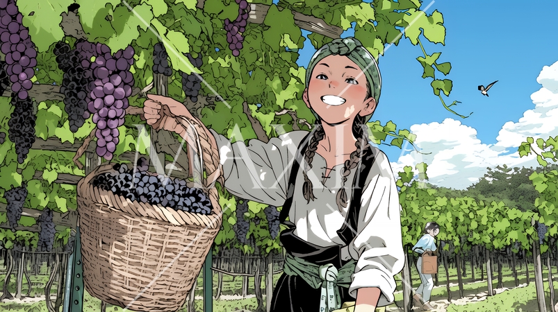 葡萄を収穫している若い女性