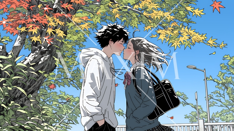 秋の紅葉の下でキスをしている若い恋人たち秋の紅葉の下でキスをしている若い恋人たち