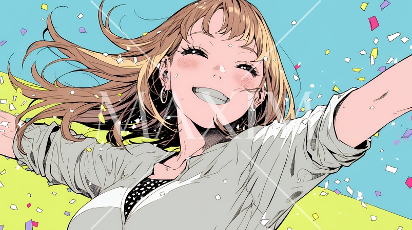 両手を広げて喜んでいる陽気な若い女性