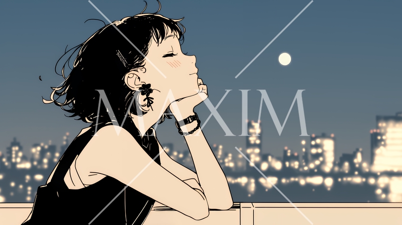 ベランダで夜風に当たりながら都会のランドスケープを眺め休む若い女性（シンプルな色使い）