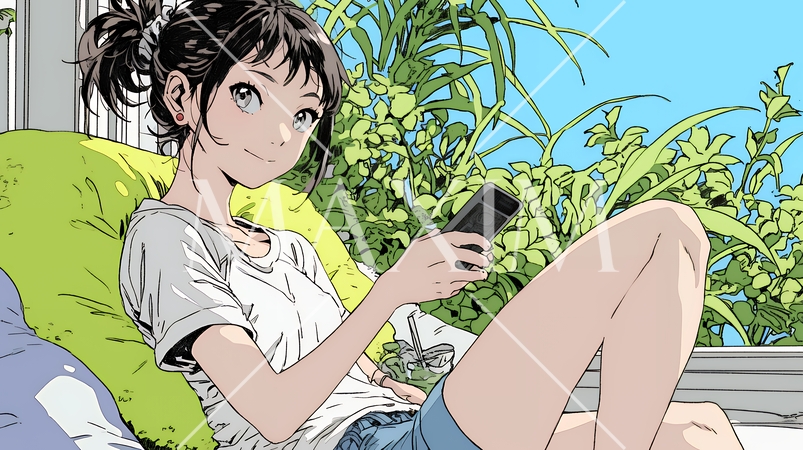 楽しそうにスマホ画面を眺めている若い女性