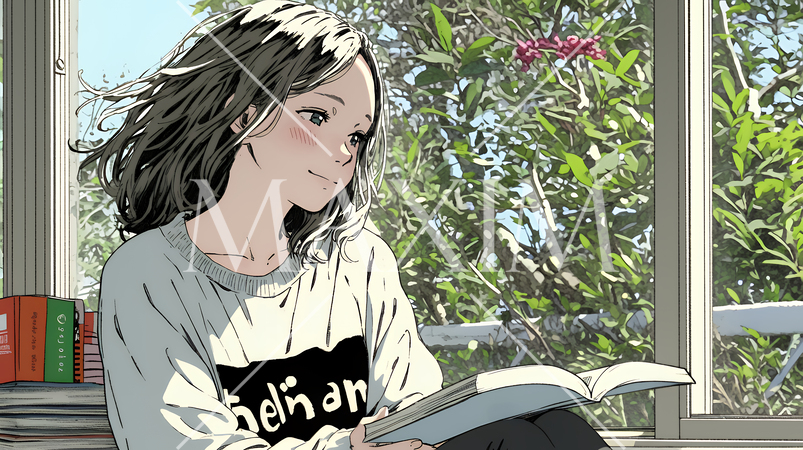 のんびり・ゆったり：窓辺でリラックスして本を読んでいる若い女性