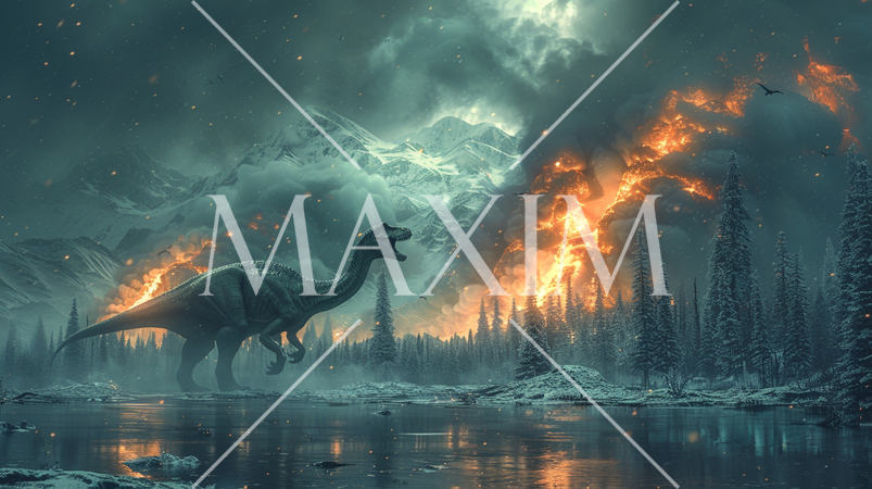 6500万年前、巨大隕石衝突による大森林火災と大寒波に見舞われている恐竜：精緻CG