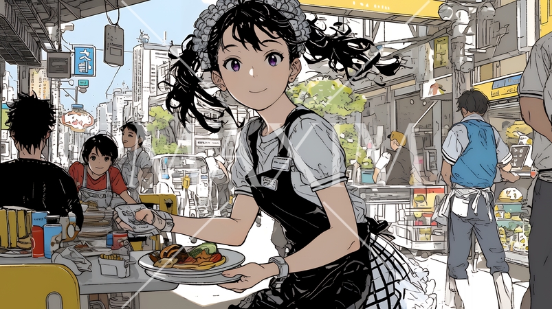 カジュアルレストランで働いている若いウェイトレス