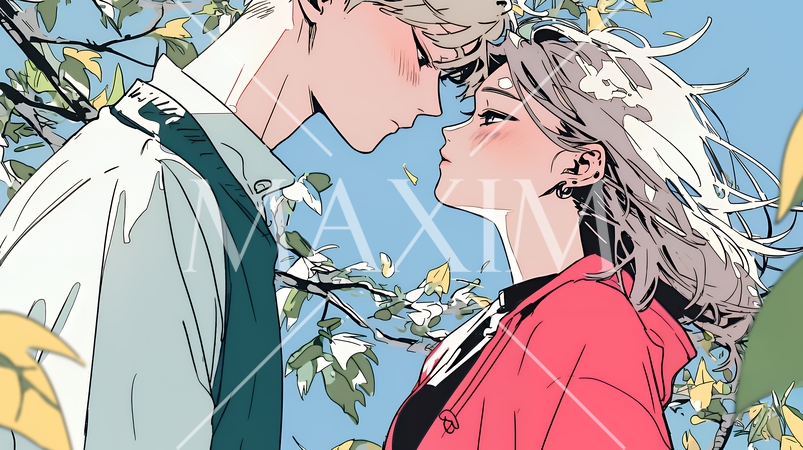 秋の紅葉の下でキスをしている若い恋人たち