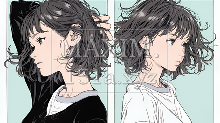髪をいじる若い女性｜髪型や身だしなみを気にする女性のイラスト素材（イラストID:8503774-20583）