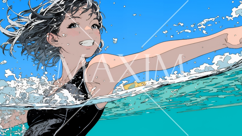 海で泳いでいる若い女性