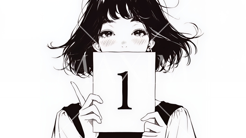 数字の「1」を掲げている若い女性（シンプルな色使い）