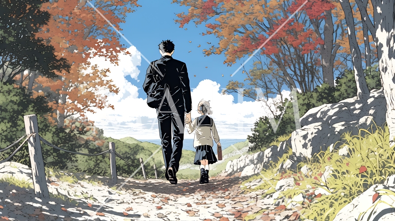 紅葉の小径を仲良く歩く少女と父親