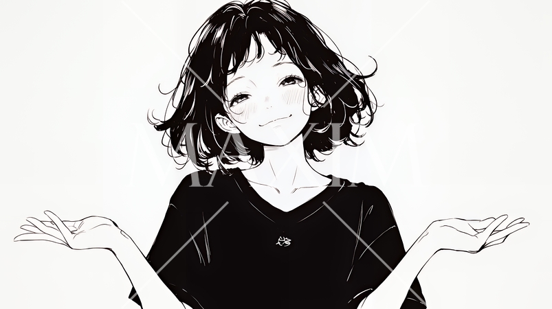 肩をすくめて困惑・諦めの仕草をしている若い女性（シンプルな色使い）