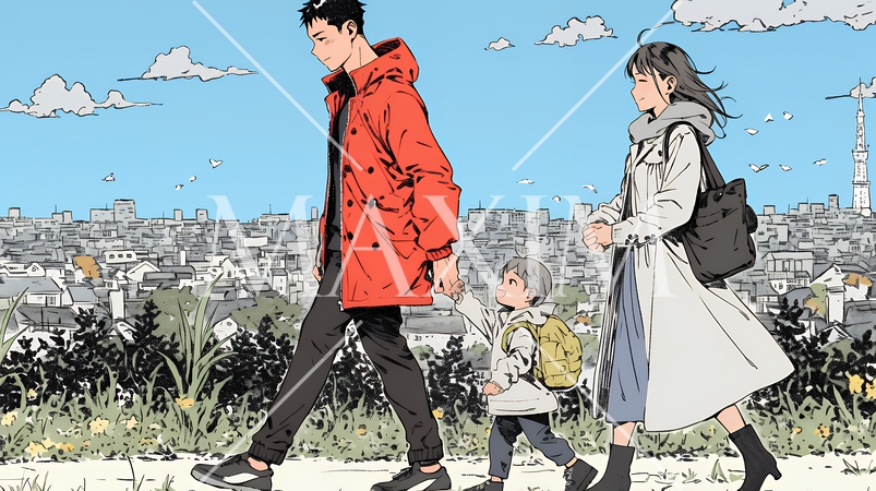 仲の良い家族：父親、母親、その子どもが仲良く連れ立って歩いている