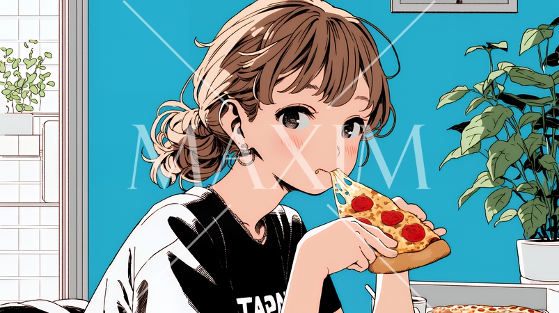 ピザを食べている若い女性