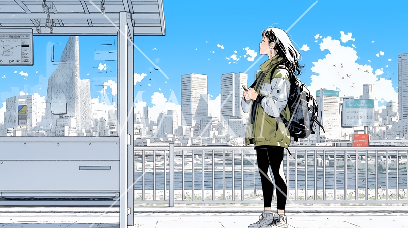 一人旅の旅先、街角で足を止めて道を確かめる若い女性