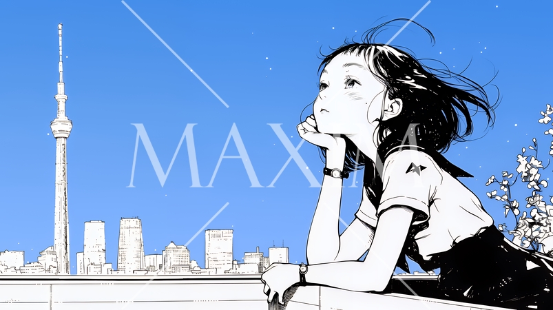 ベランダで夜風に当たりながら都会のランドスケープを眺め休む若い女性（シンプルな色使い）