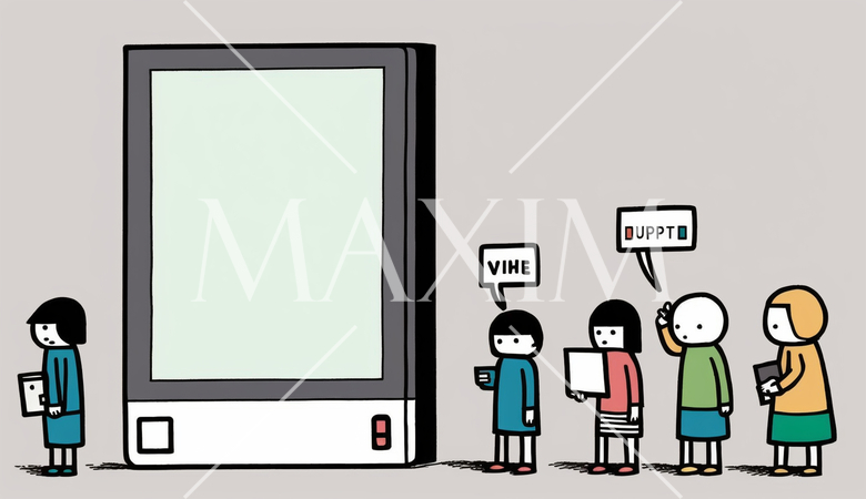 コンピューターと人間の交流：人がデバイスを操作する、情報交換の様子。漫画風。