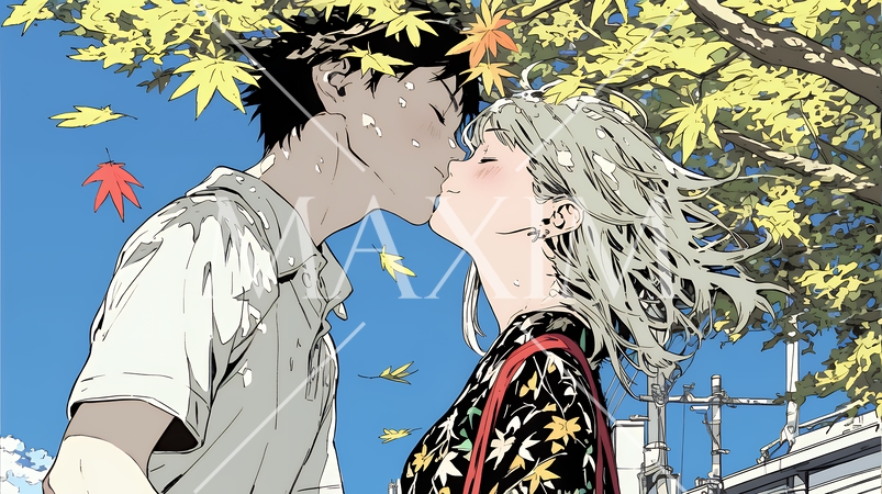 秋の紅葉の下でキスをしている若い恋人たち