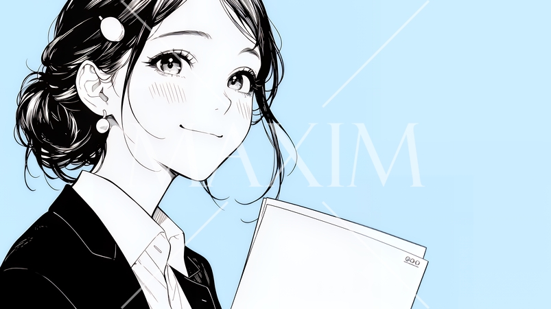 書類を確認するビジネスウーマン（シンプルな色使い）