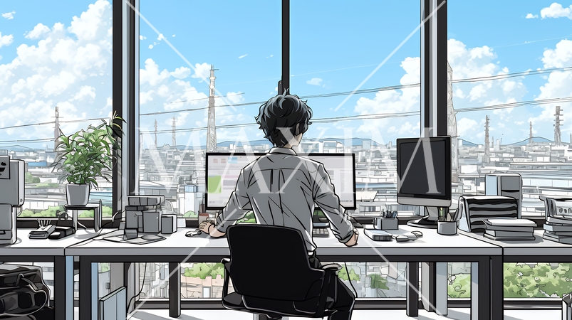 職場のデスクでパソコンに向かって仕事をしているビジネスマン